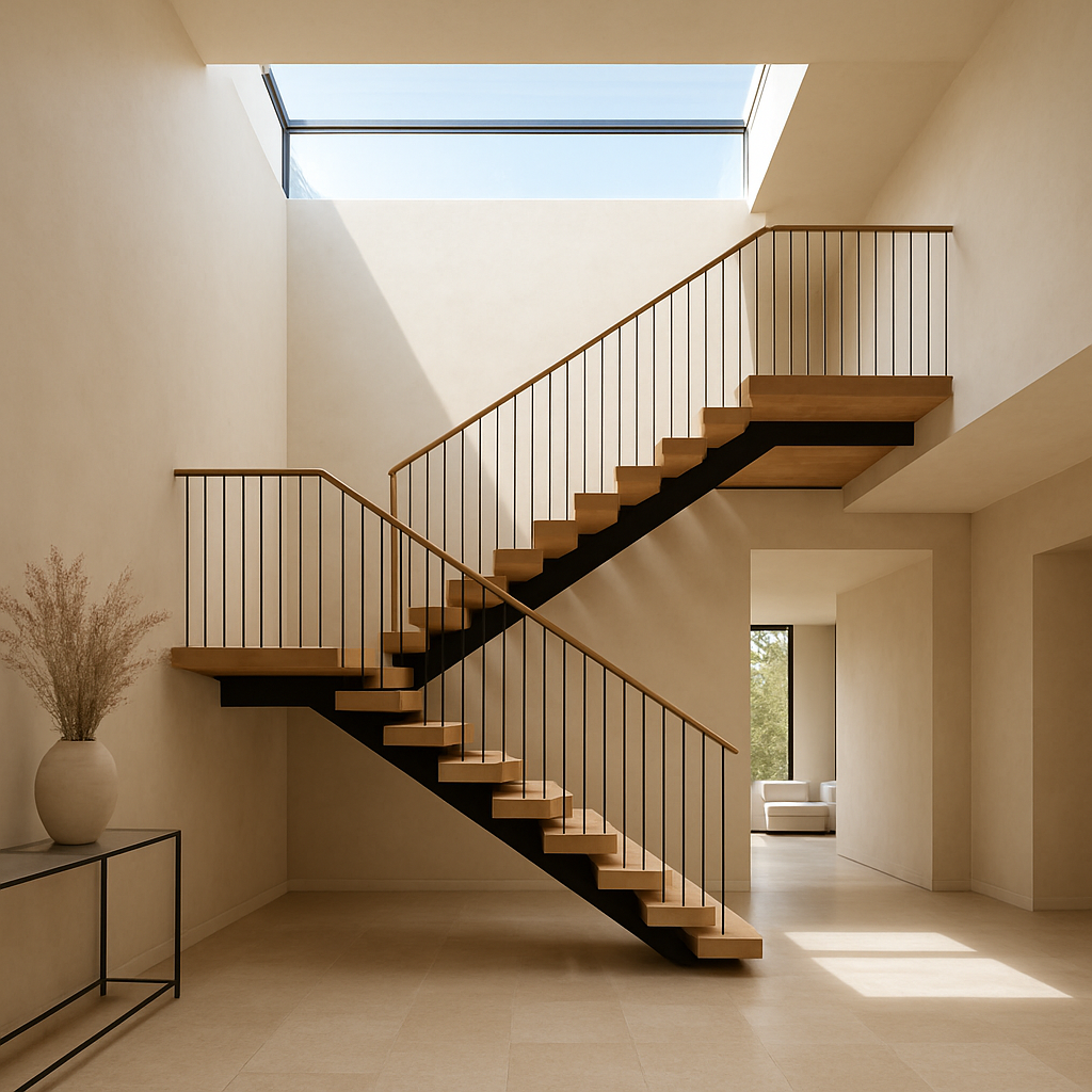 Double-height atrium with floating staircase
