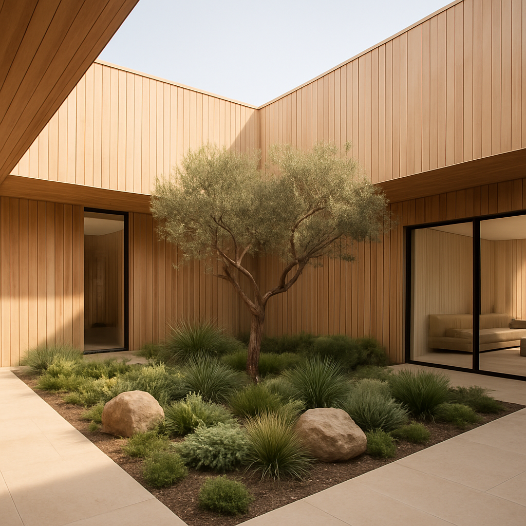 Timber-lined courtyard with landscaped garden