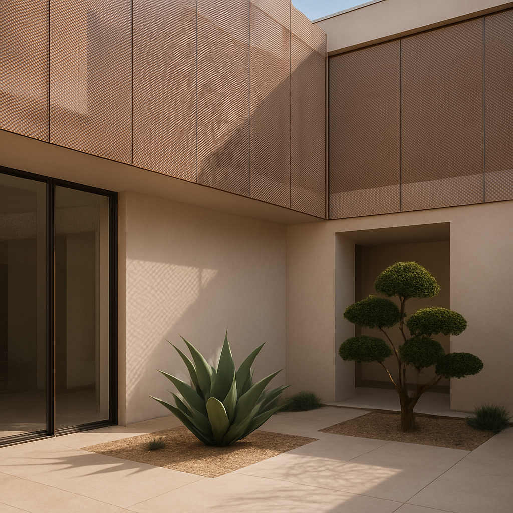 Mesh facade courtyard with sculptural planting