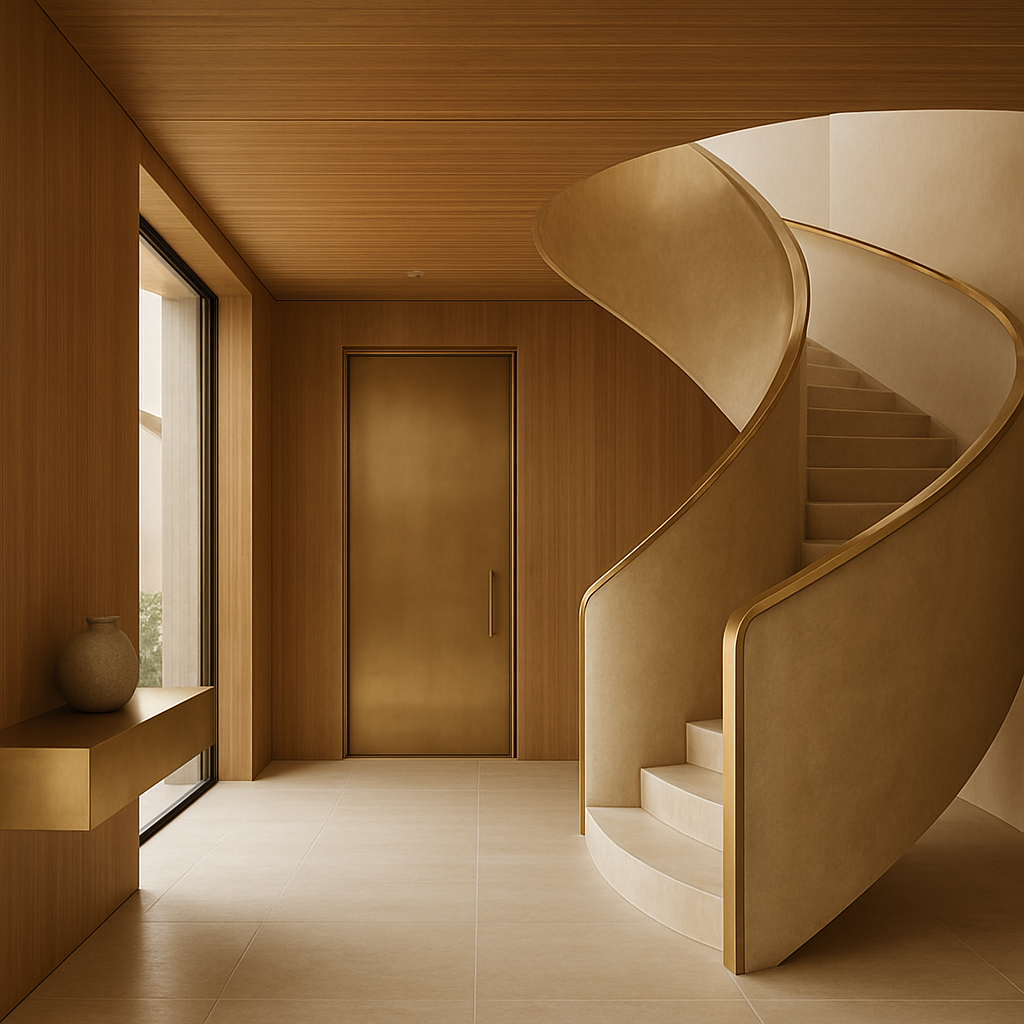 Sculptural brass and timber entry foyer